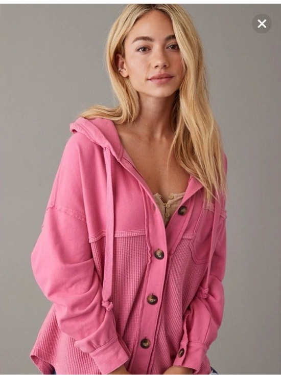 American Eagle Outfitters Jackets & Blazers - American Eagle Pink Waffle Knit Big Hug Hooded Oversized Shacket XS/S